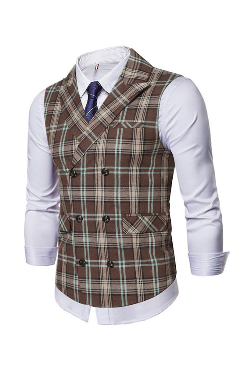 Load image into Gallery viewer, Lapel Collar Double Breasted Casual Coffee Men&#39;s Suit Check Vest
