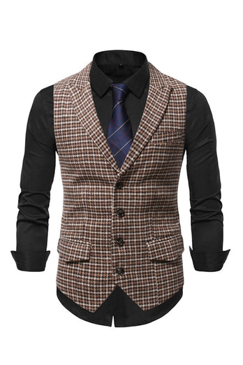 Check Single Breasted Peak Lapel Collar Men's Suit Vest