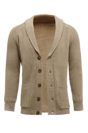 Khaki Shawl Collar Long Sleeves Men's Cardigan Sweater