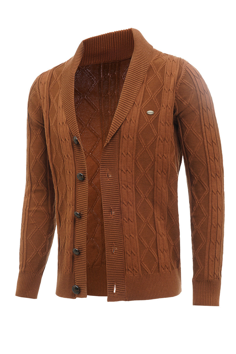 Load image into Gallery viewer, Brown Cable Knitted Long Sleeves Men&#39;s Cardigan Sweater