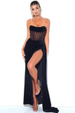 Black Strapless Velvet Formal Dress with Slit