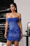 Sheath Off the Shoulder Blue Short Cocktail Dress with Tassel