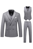 Khaki Double Breasted Notched Lapel 3 Piece Men's Suits