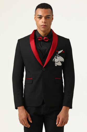 3 Piece Black Red Shawl Lapel Men's Formal Suits
