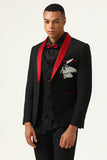 3 Piece Black Red Shawl Lapel Men's Formal Suits