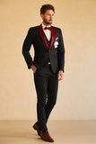 Black Red Shawl Lapel Men's 3 Piece Prom Suits