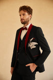 Black Red Shawl Lapel Men's 3 Piece Prom Suits