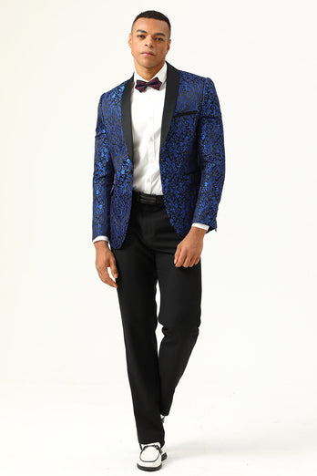 One Button Blue Shawl Lapel Jacquard Men's Formal Blazer