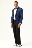 One Button Blue Shawl Lapel Jacquard Men's Formal Blazer