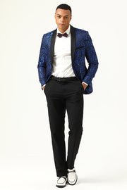 One Button Blue Shawl Lapel Jacquard Men's Formal Blazer