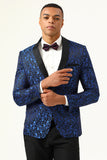 One Button Blue Shawl Lapel Jacquard Men's Formal Blazer