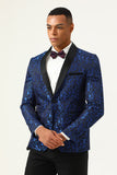 One Button Blue Shawl Lapel Jacquard Men's Formal Blazer