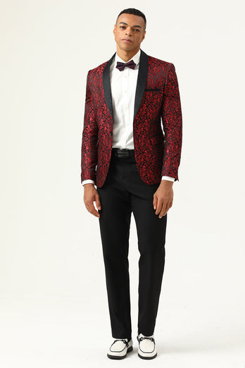 One Button Red Shawl Lapel Jacquard Men's Formal Blazer