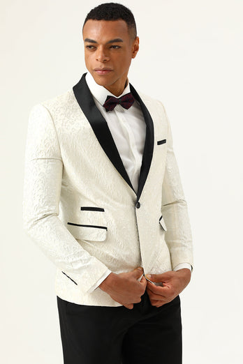 One Button White Shawl Lapel Jacquard Men's Formal Blazer