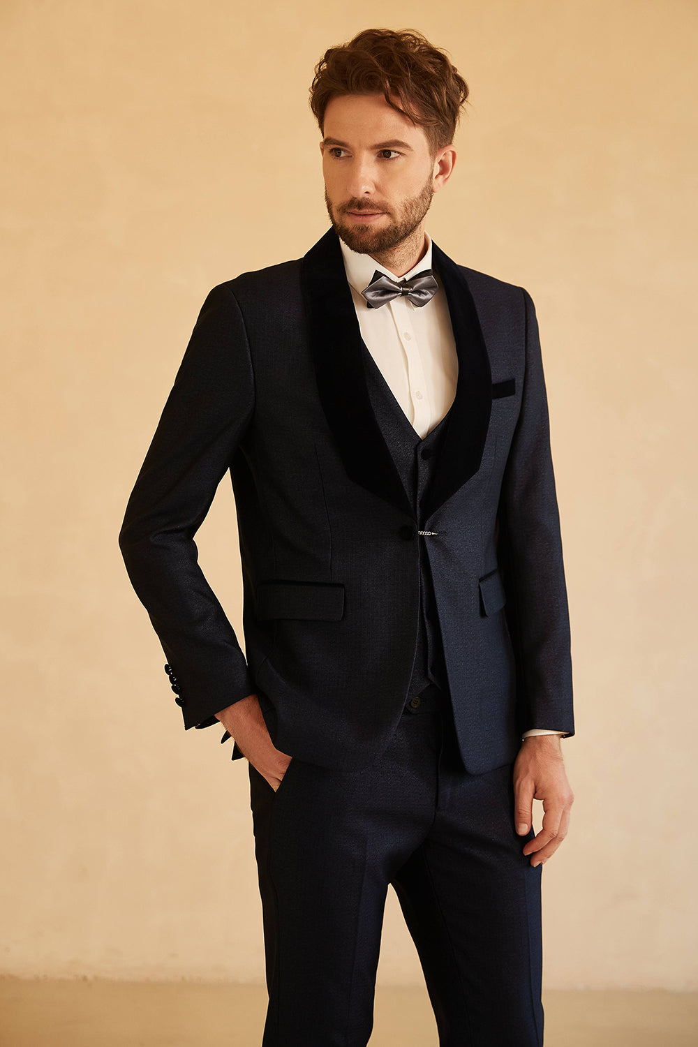 Navy Shawl Lapel One Button Wedding Suits For Men
