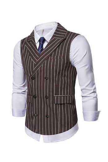 Lapel Collar Double Breasted Coffee Striped Men's Vest
