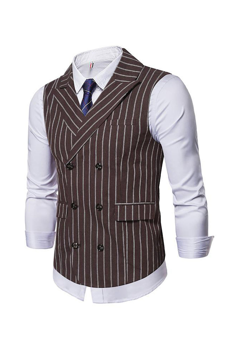 Load image into Gallery viewer, Lapel Collar Double Breasted Coffee Striped Men&#39;s Vest