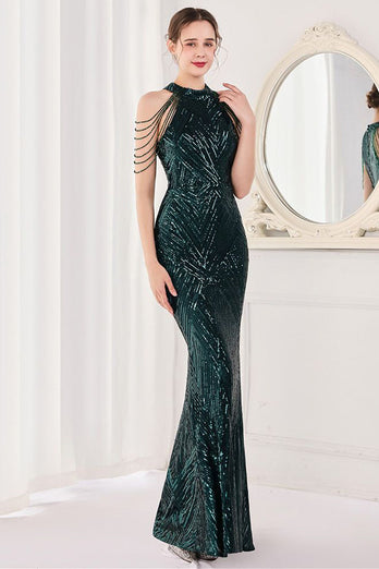 Mermaid Halter Dark Green Sequins Long Formal Dress