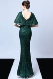 Mermaid V Neck Dark Green Sequins Long Formal Dress with Short Sleeves