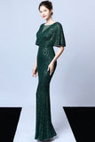 Mermaid V Neck Dark Green Sequins Long Formal Dress with Short Sleeves