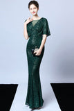 Mermaid V Neck Dark Green Sequins Long Formal Dress with Short Sleeves