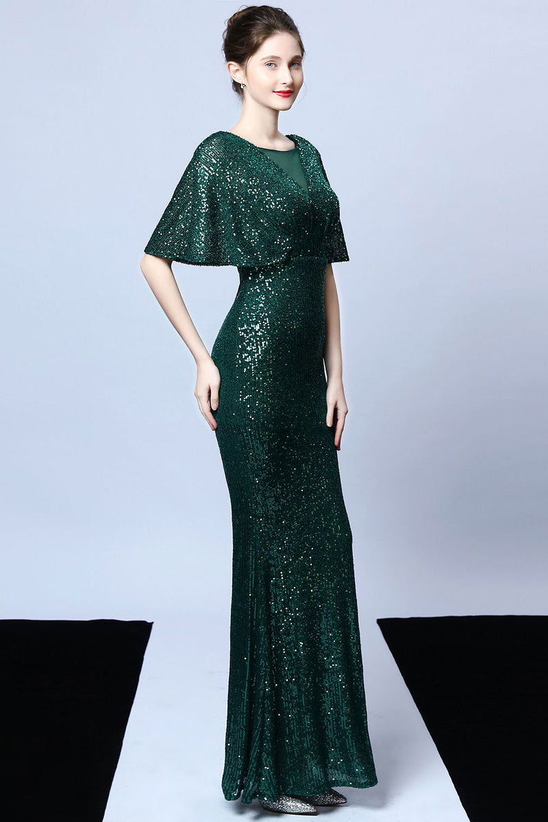 Load image into Gallery viewer, Mermaid V Neck Dark Green Sequins Long Formal Dress with Short Sleeves