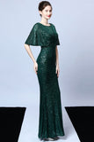 Mermaid V Neck Dark Green Sequins Long Formal Dress with Short Sleeves