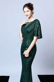 Mermaid V Neck Dark Green Sequins Long Formal Dress with Short Sleeves