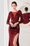 Burgundy Sequined Long Sleeves Evening Dress with Slit