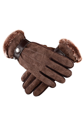 Black Buckled Pigskin Warm Winter Men Gloves with Feather