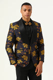 Yellow Flower Shawl Lapel Jacquard Men's Formal Blazer