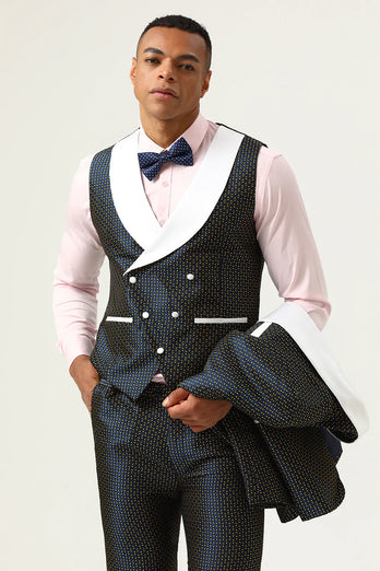 Navy Polka Dots Shawl Lapel 3 Piece Men's Formal Suits