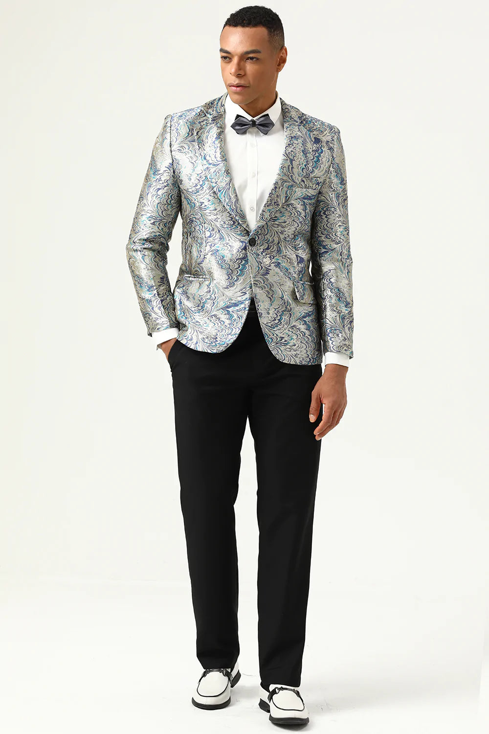 Silver and Blue Jacquard Notched Lapel Men's Formal Blazer