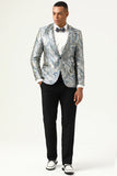 Silver and Blue Jacquard Notched Lapel Men's Formal Blazer