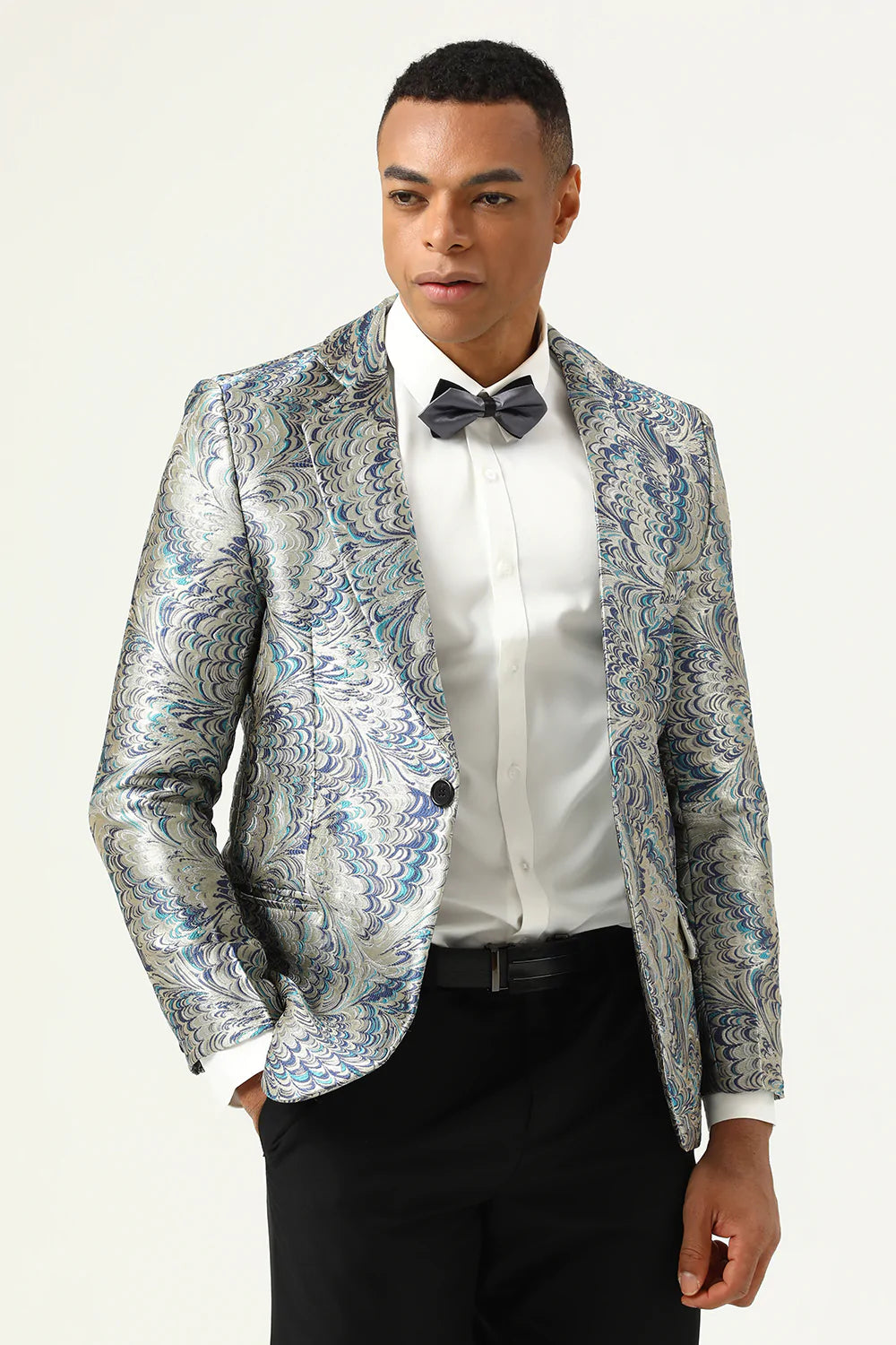 Silver and Blue Jacquard Notched Lapel Men's Formal Blazer