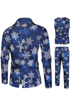 Blue Snowflake Printed 3 Piece Men's Christmas Party Suits