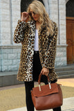 Brown Notched Lapel Leopard Midi Faux Fur Coat