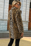 Brown Notched Lapel Leopard Midi Faux Fur Coat