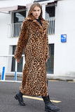 Brown Leopard Notched Lapel Faux Fur Shearling Coat