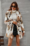 White and Brown Shawl Lapel Midi Faux Fur Shearling Coat