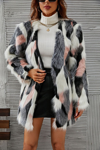 White and Pink Shawl Lapel Midi Faux Fur Shearling Coat