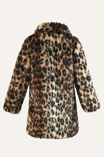 Brown Leopard Lapel Neck Midi Faux Fur Shearling Coat