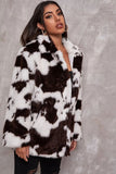 White Cow Pattern Midi Faux Fur Shearling Coat