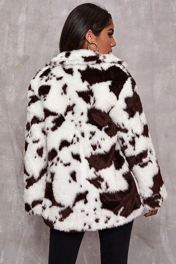 White Cow Pattern Midi Faux Fur Shearling Coat