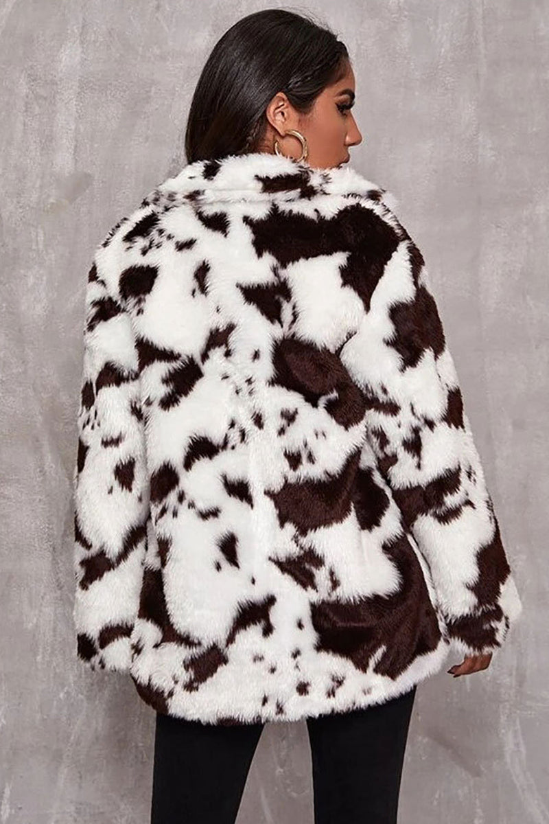 Load image into Gallery viewer, White Cow Pattern Midi Faux Fur Shearling Coat