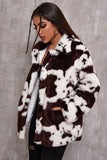 White Cow Pattern Midi Faux Fur Shearling Coat