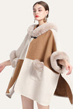 Camel Patchwork Oversized Faux Fur Trim Cape Coat