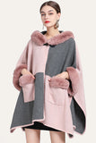 Camel Patchwork Oversized Faux Fur Trim Cape Coat