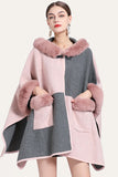 Camel Patchwork Oversized Faux Fur Trim Cape Coat