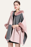Camel Patchwork Oversized Faux Fur Trim Cape Coat